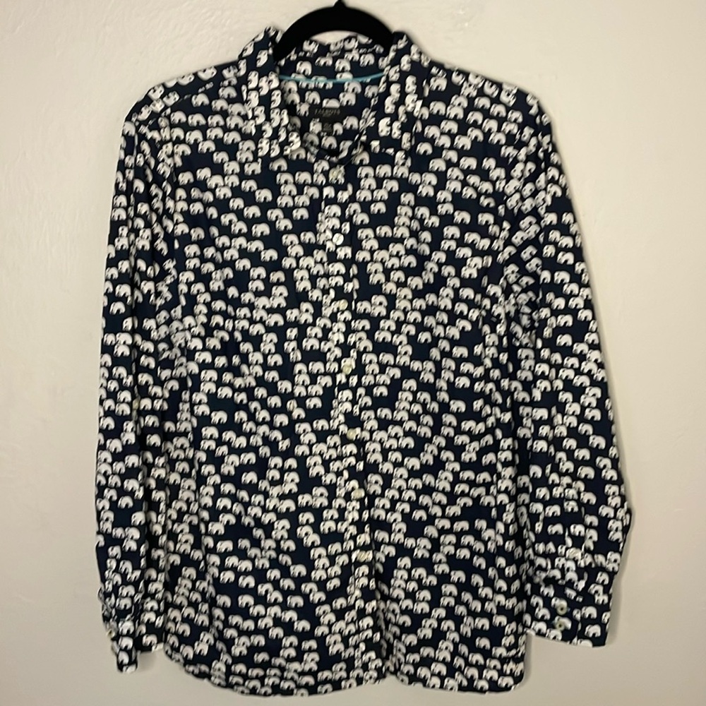 Talbots Women's Button Down Shirt Long Sleeves Navy Blue Elephant Print XLP
